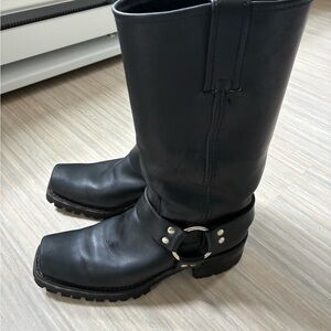 FRYE AND CO. Black Combat Moto Boots with Harness Detail